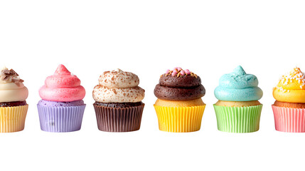 Mini cupcakes arranged in a neat row on a white background