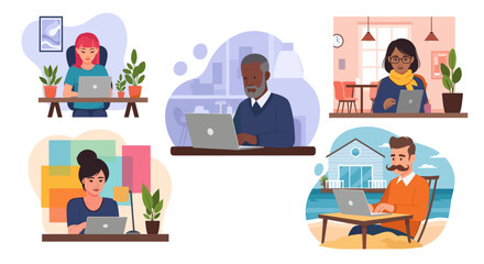 Diverse group of people working remotely from various locations. Perfect for illustrating remote work, work from home, or flexible work arrangements.