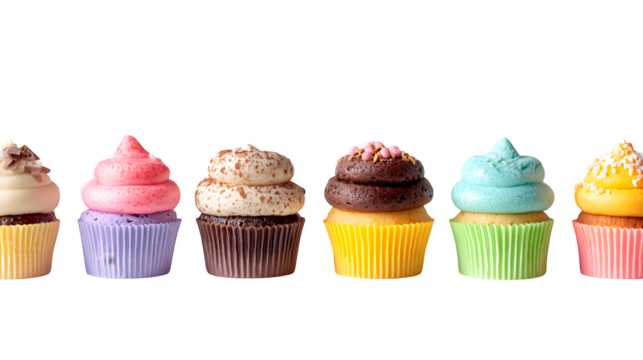 Mini cupcakes arranged in a neat row on a white background