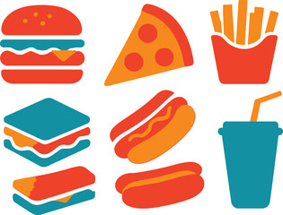 Colorful Flat Design Icons of Fast Food Items on a White Background