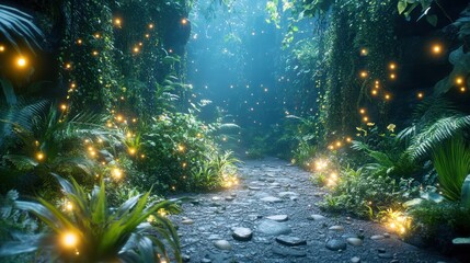 Magical, glowing fireflies illuminate a mystical jungle path