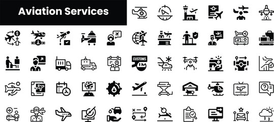 A diverse collection of black and white icons representing various aviation services, highlighting elements like aircraft, helicopters, and transportation logistics.