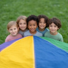 Kids' Joy with Parachute: A heartwarming scene unfolds as a group of diverse children, united by a shared smile, hold up a vibrant parachute against a backdrop of nature, celebrating joy, camaraderie.