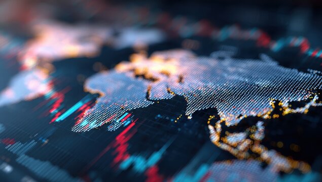 World map overlaid with data streams