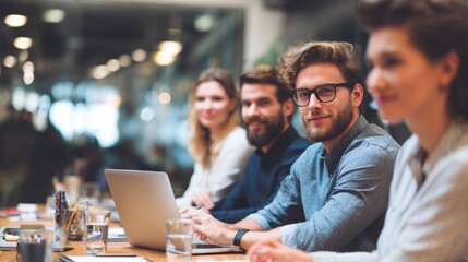 Young creative professionals working together on laptop in modern coworking space office environment