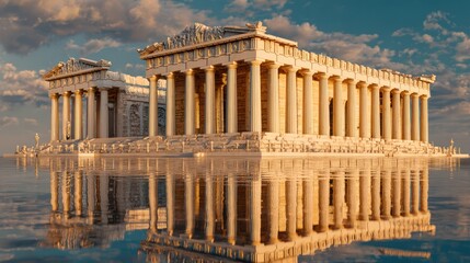 Grand marble structure reflects in tranquil waters under a sky streaked with pale clouds