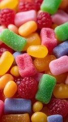 Colorful Sweet Treats: A close-up view of a vibrant array of colorful gummy candies, a delightful assortment of sweet treats, offering a tempting glimpse into a world of sugary goodness.