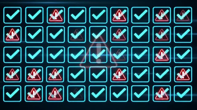 Cybersecurity concept showing a digital grid of passed security checks with checkmarks and failed alerts with warning signs