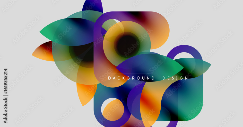 Poster abstract colorful shapes overlap, creating dynamic visual effect. background features gradients, mod