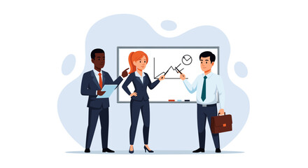 Diverse business team presenting data on whiteboard, perfect for landing pages, brochures, and presentations.