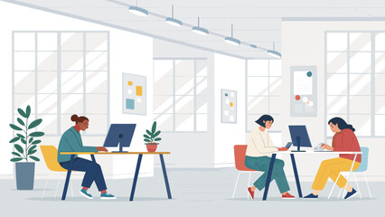 Diverse team collaborating in a modern, bright office. Ideal for websites, brochures, and presentations on teamwork and productivity.