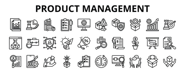 30 Product Management Line Icons Vector - planning, development, promotion, monitoring, inventory, sales, customer research