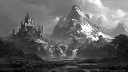 Grayscale castle and mountain landscape with waterfall in valley under cloudy skies
