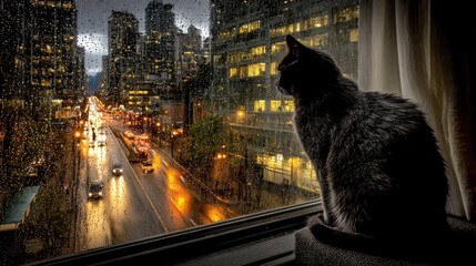 Gray cat gazes out rain-streaked window at city street lit with bright vehicle lights
