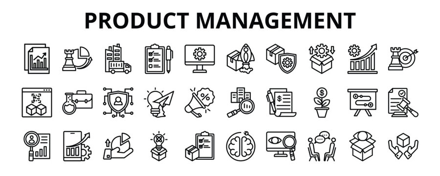 30 Product Management Line Icons Vector - planning, development, promotion, monitoring, inventory, sales, customer research