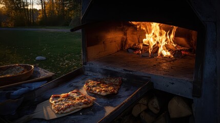 Two pizzas baking in a wood-fired oven.