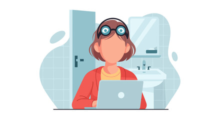 Faceless woman working on laptop in bathroom, perfect for illustrating remote work, flexibility, or work-life balance.