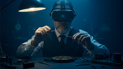 Precision watchmaker using virtual reality (VR) glasses with a holographic interface to assemble a complex watch mechanism.
