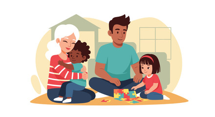Happy multiracial family playing together at home, perfect for family blogs or children's product websites.