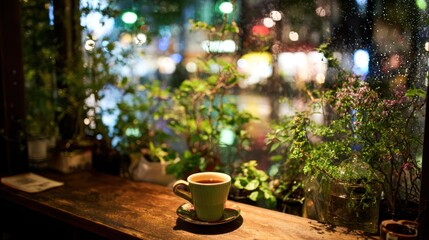 Green mug on wood shelf with plants, window reflecting lights in background at night