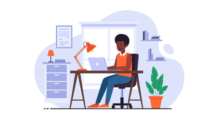 Young African American man working on laptop at home office, perfect for blog posts or website landing pages.