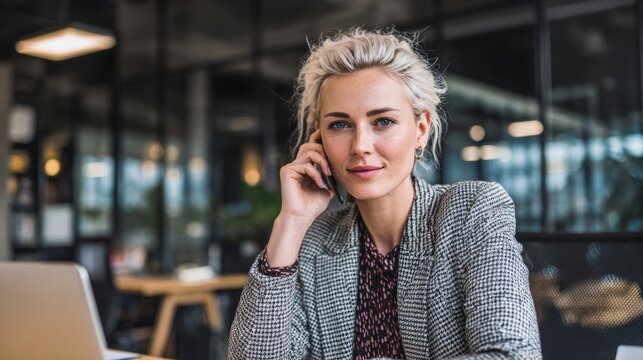 Mature businesswoman with platinum hair making phone call while working on laptop in modern office