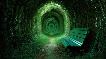 Green tunnel of intertwined trees forming a romantic pathway with a bench to the side