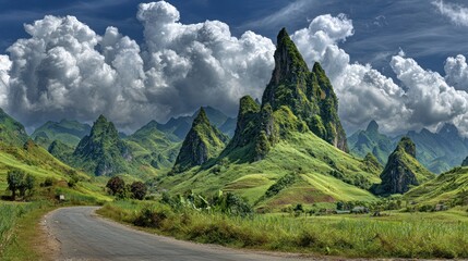 Green peaks rise dramatically against a cloudy sky; road curves in foreground