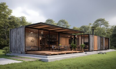 Obraz premium Modern, modular home with expansive deck