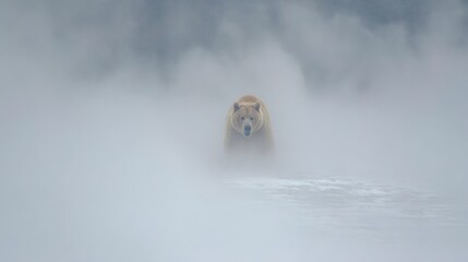 Grizzly bear emerges from a river engulfed in heavy mist, gaze focused ahead
