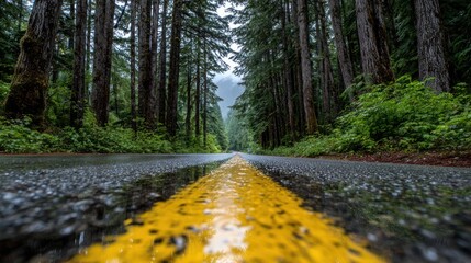 Ground-level view of a road lined with trees, leading to a misty, distant hill