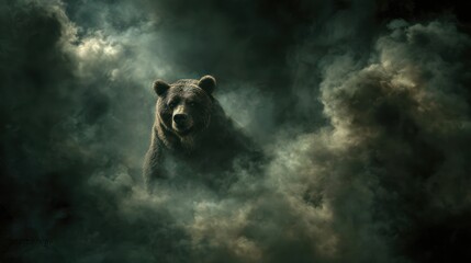 Grizzly emerges from swirling dark clouds, dramatic light on fur, creating a powerful scene