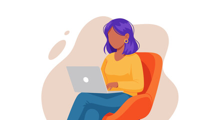 Woman working on laptop, ideal for websites, blogs, and social media posts about remote work, freelance, or technology.