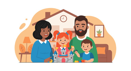 Happy family playing with building blocks at home. Perfect for blogs, websites, or brochures about family, home, and childhood.