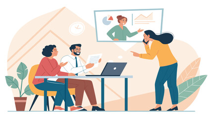 Teamwork during a video conference, perfect for illustrating remote collaboration or online meetings on your website or marketing materials.