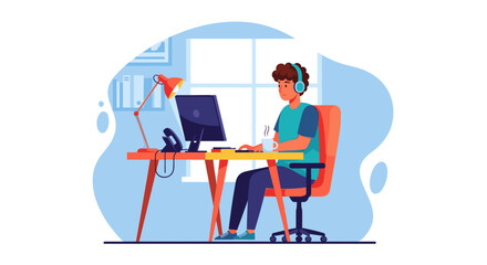 Young man working from home at his computer, perfect for illustrating remote work, freelance, or online business concepts.