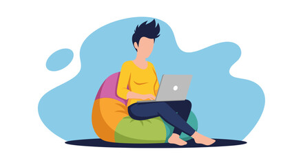 Person working on laptop from beanbag chair, perfect for remote work, freelance, or online business illustrations.