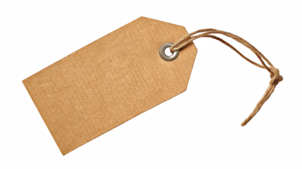 A close up of a brown paper tag with a metal grommet and twine against a black background