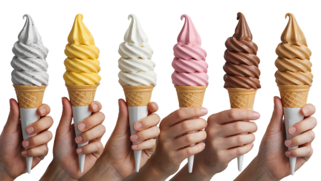 Variety of soft serve ice cream cones held by hands summer dessert treats png isolated on white background
