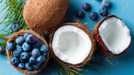 Half and whole coconuts with blueberries nestle on a textured blue surface, lit brightly
