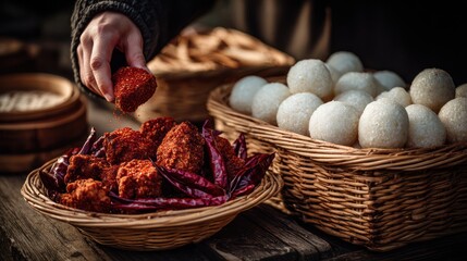 Hand placing a spice-covered treat in a bowl of similar treats on a rustic wood surface