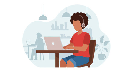 Young man working on laptop in a cafe, perfect for websites or blog posts about remote work, freelancing, or co-working spaces.