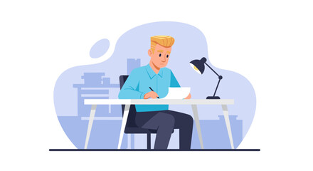 Young man working at his desk, perfect for illustrating articles about work, productivity, or focus.