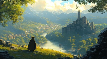 Serene landscape; a lone figure gazes upon a majestic castle nestled amidst verdant hills and a flowing river, mountains forming a breathtaking backdrop