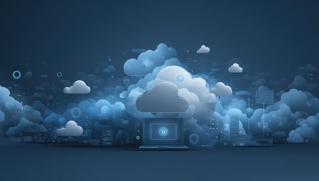 Cloud computing concept, with laptop and various digital cloud symbols