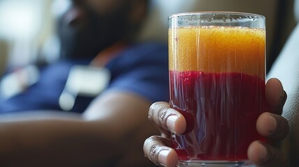 Layered fruit juice drink in hand