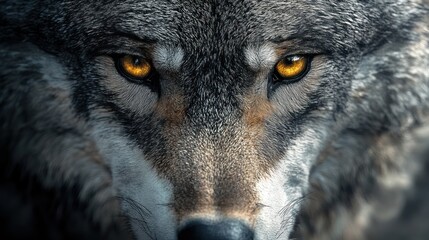 Close-up of wolf's intense gaze, showcasing its fur texture and piercing amber eyes