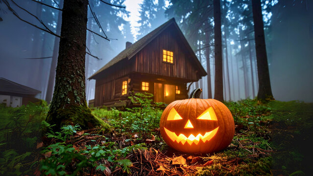 A Halloween pumpkin glows ominously in a misty forest, its light illuminating a nearby rustic log cabin.