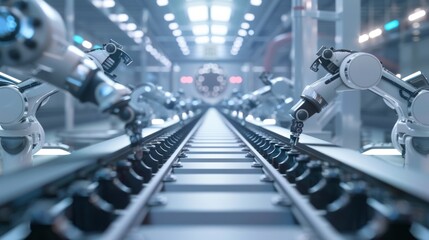 Fototapeta premium Futuristic factory assembly line with robotic arms in operation, automated process
