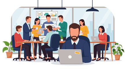 Fototapeta premium Diverse business team collaborating in a modern office, ideal for website banners or presentations.